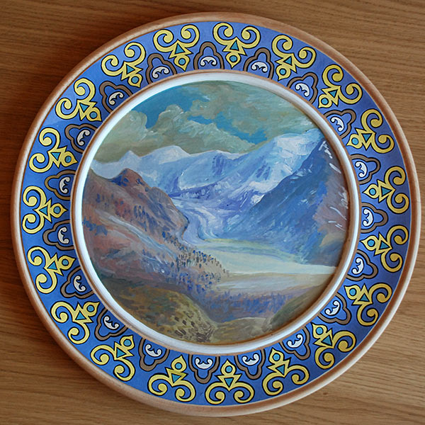 Тарелка расписная с горным пейзажем. А.Веселёв